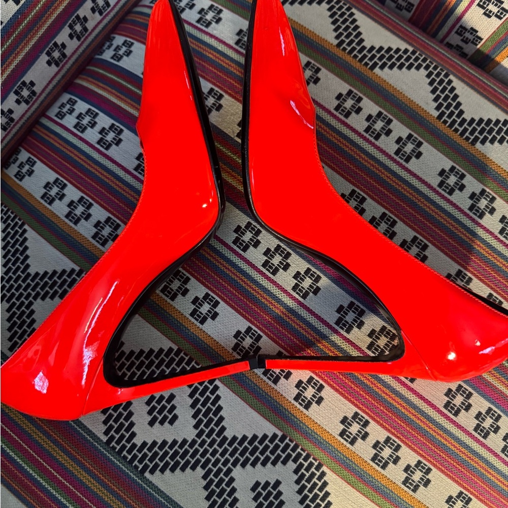 Saint Laurent Glossy Patent Leather Red Orange Heels 40Europe 9.5 US - Picture 13 of 16